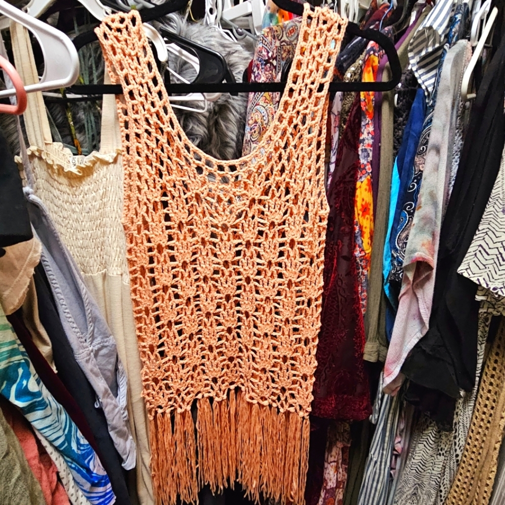 Pink Crochet Top with Fringe S/M